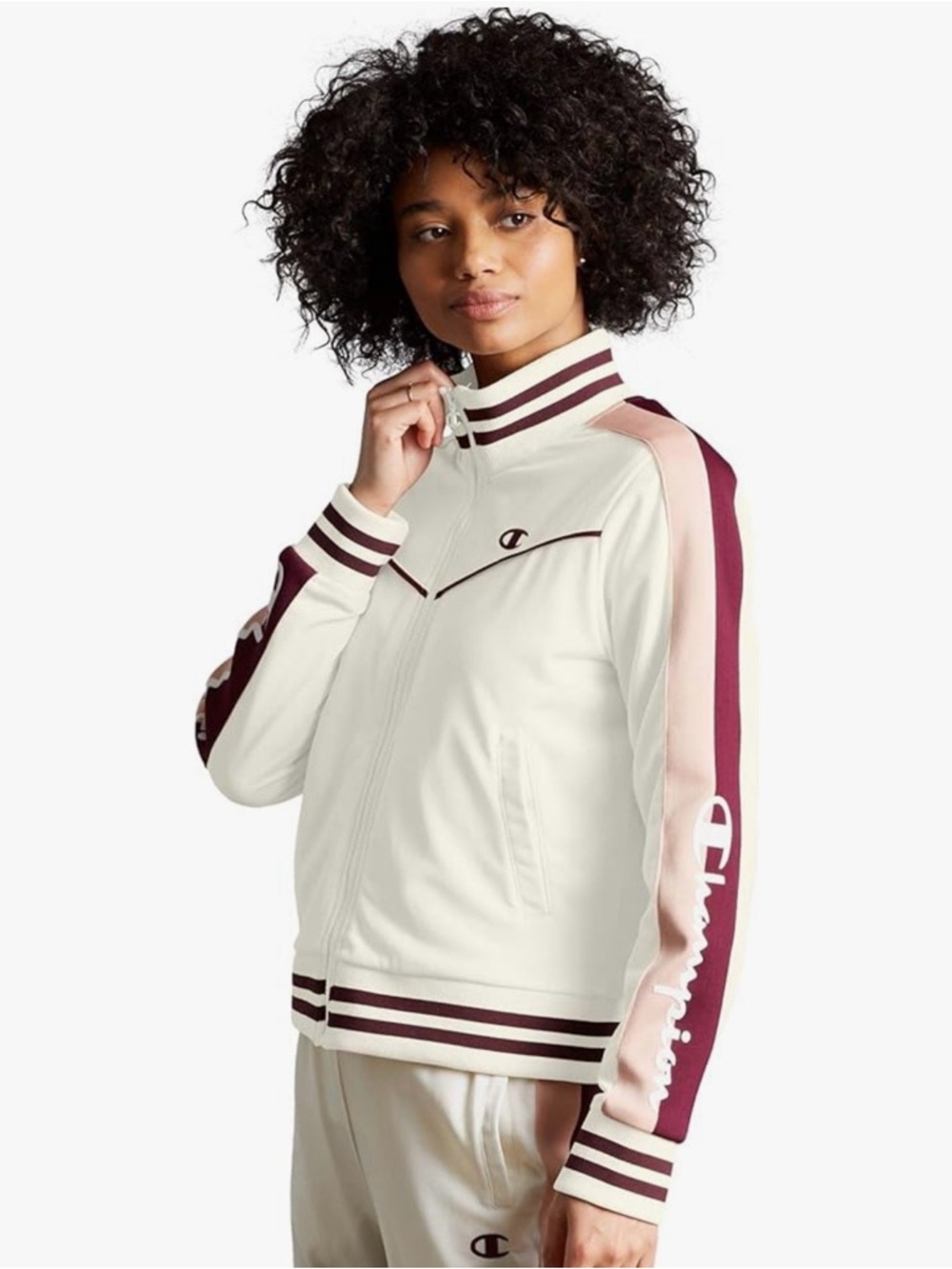 Champion Off White Zip Track Jacket with Pink and burgundy Stripe Accents
